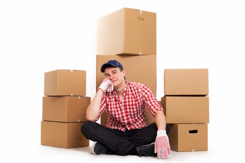 Organized storage space with labeled items and furniture